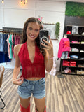 Red Lace Fringe Hem Crop Top