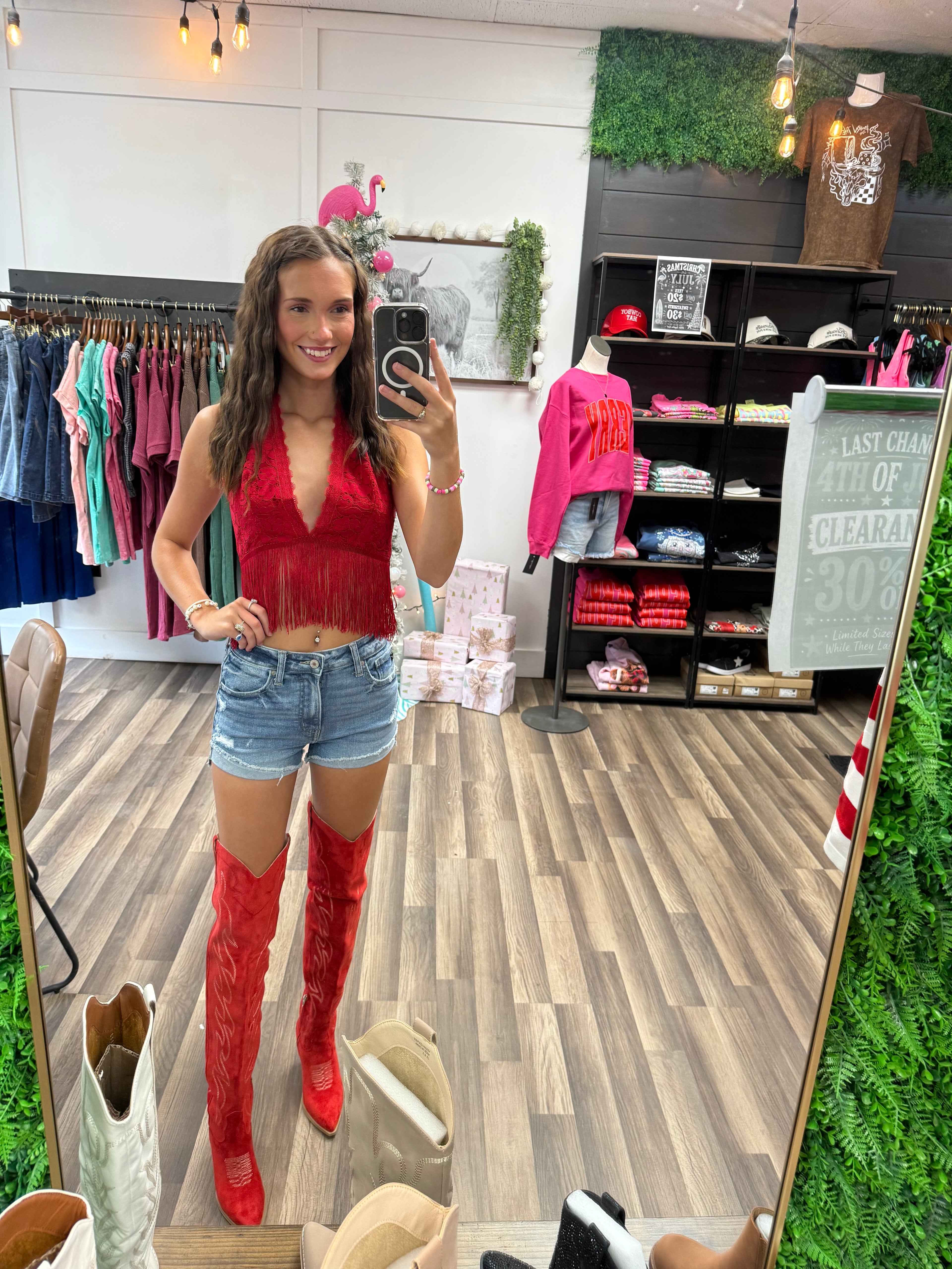 Red Lace Fringe Hem Crop Top