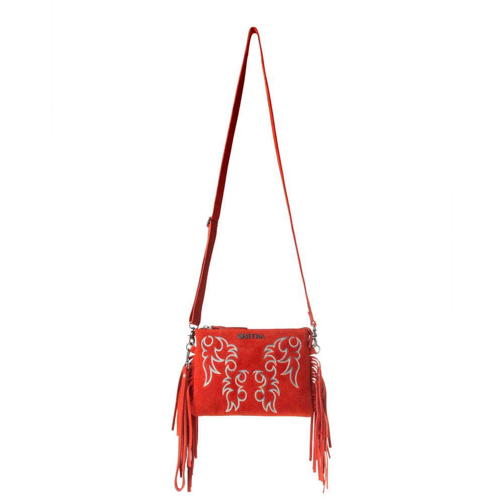 Boot Stitch Suede Bag for Women in red with embroidery and fringe detail