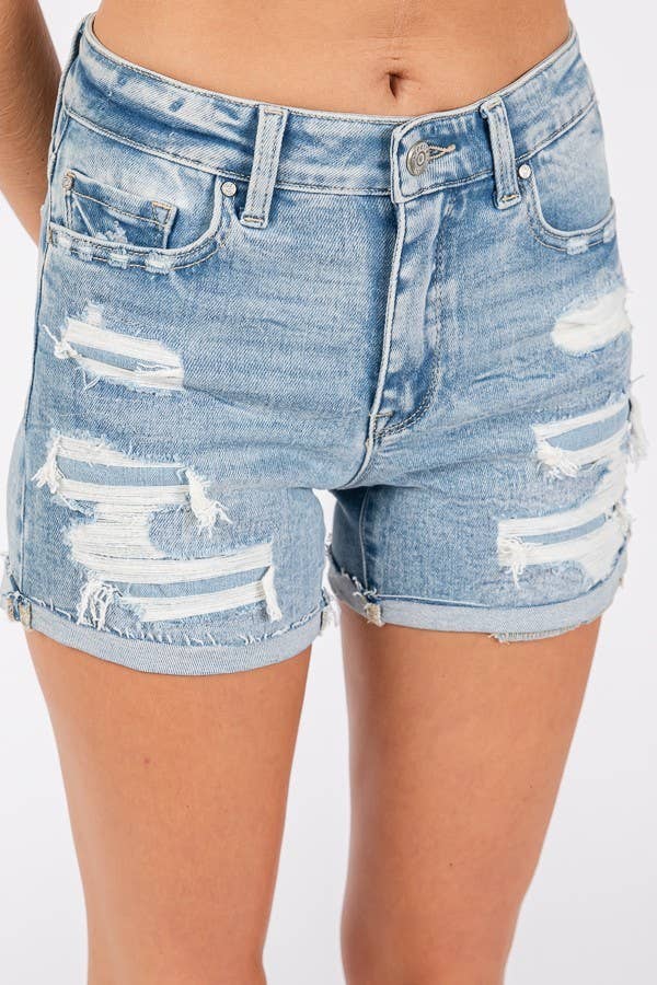 HIGH RISE PATCHED SHORTS W/ CUFFED HEM