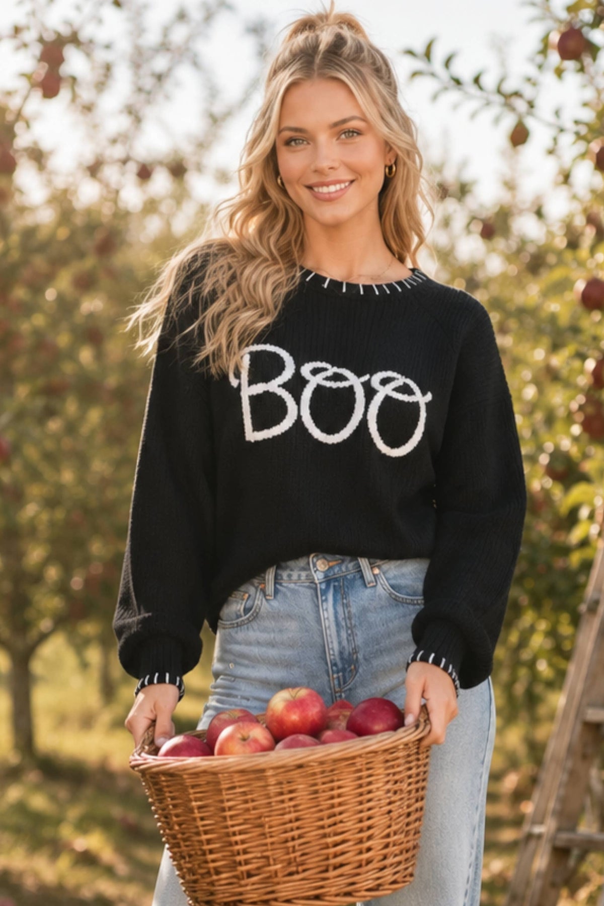 BOO Embroidered Halloween Knit Sweater – Black Pullover