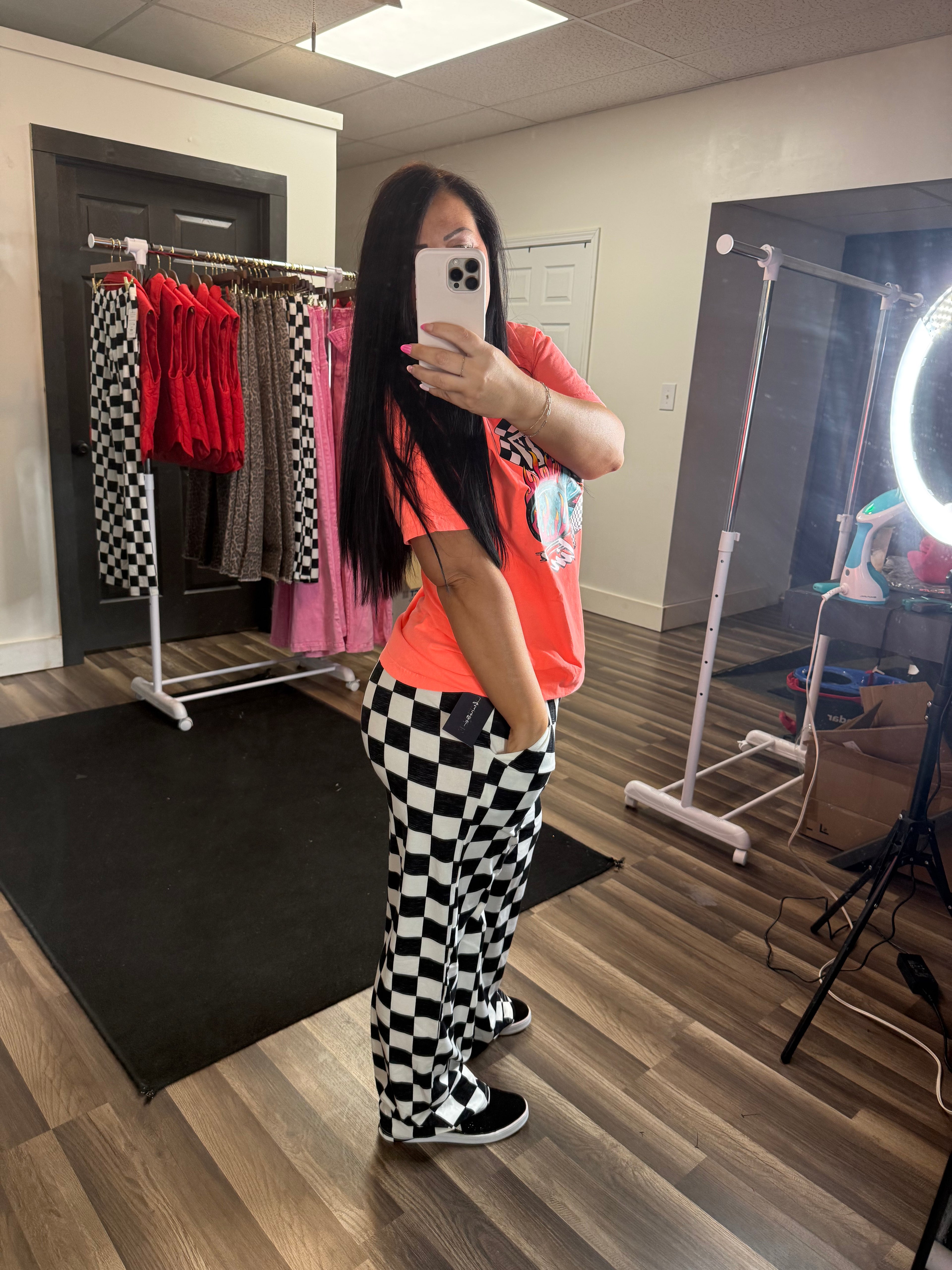 2-Tone Checked Print High Waist Wide Leg Pants
