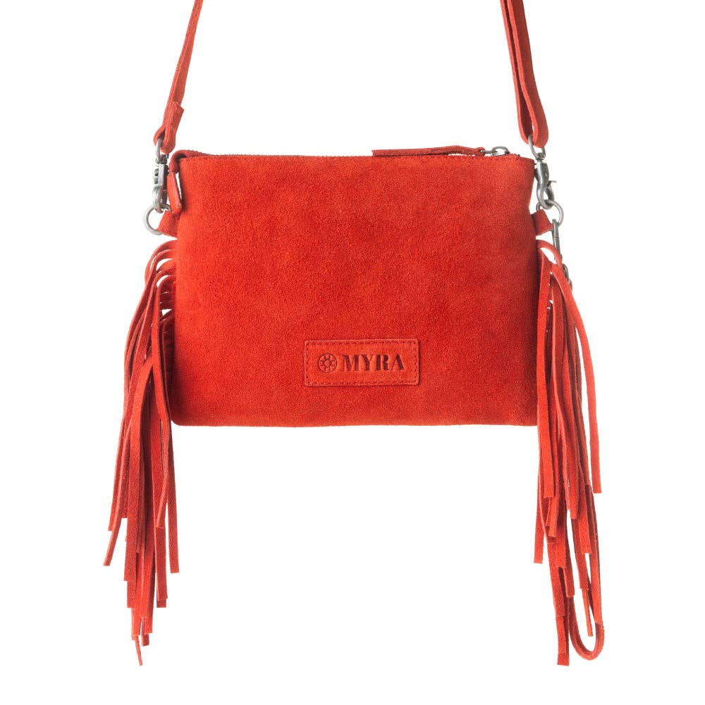 Boot Stitch Suede Bag for Women in red with embroidery and fringe detail