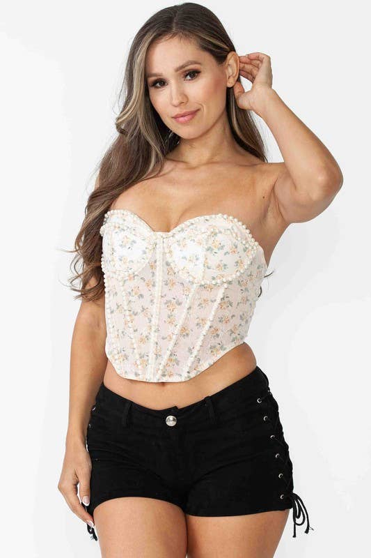 STRUCTURED BONING FLORAL LACE PEARL TRIM LACE UP BUSTIER TOP