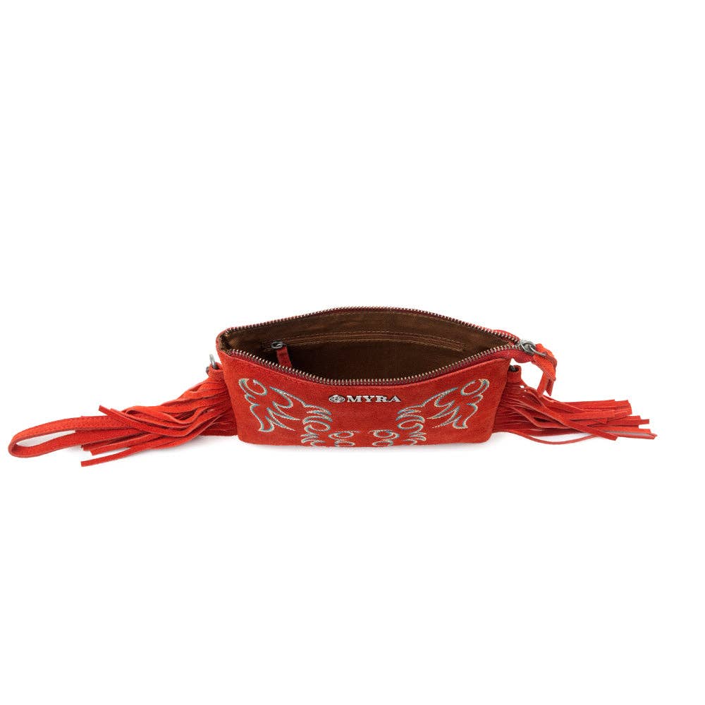Boot Stitch Suede Bag for Women in red with embroidery and fringe detail