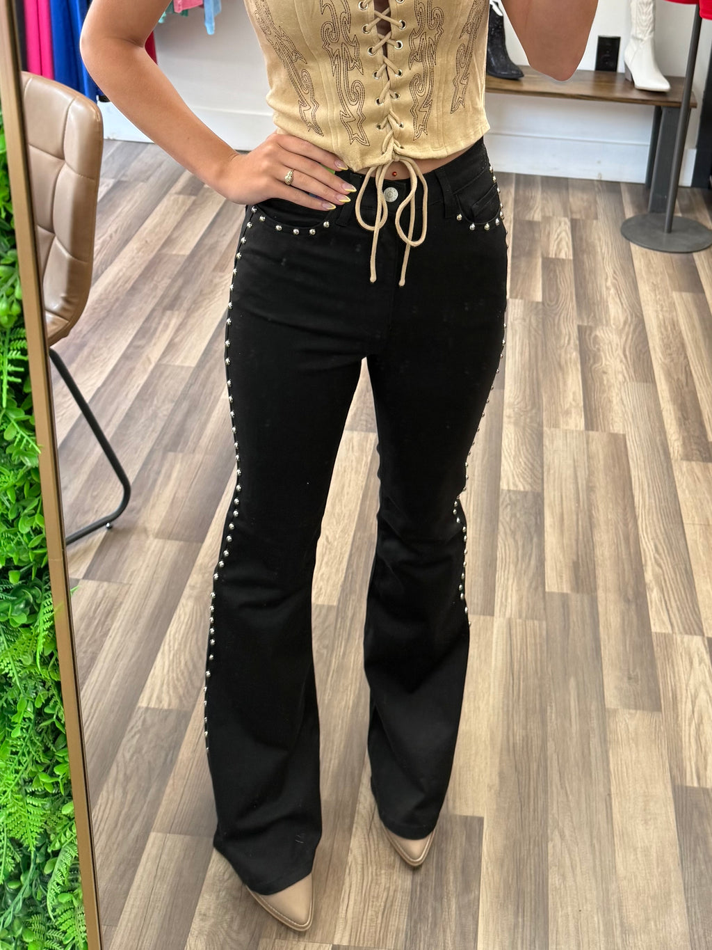 High-Rise Flare Jeans With Studs
