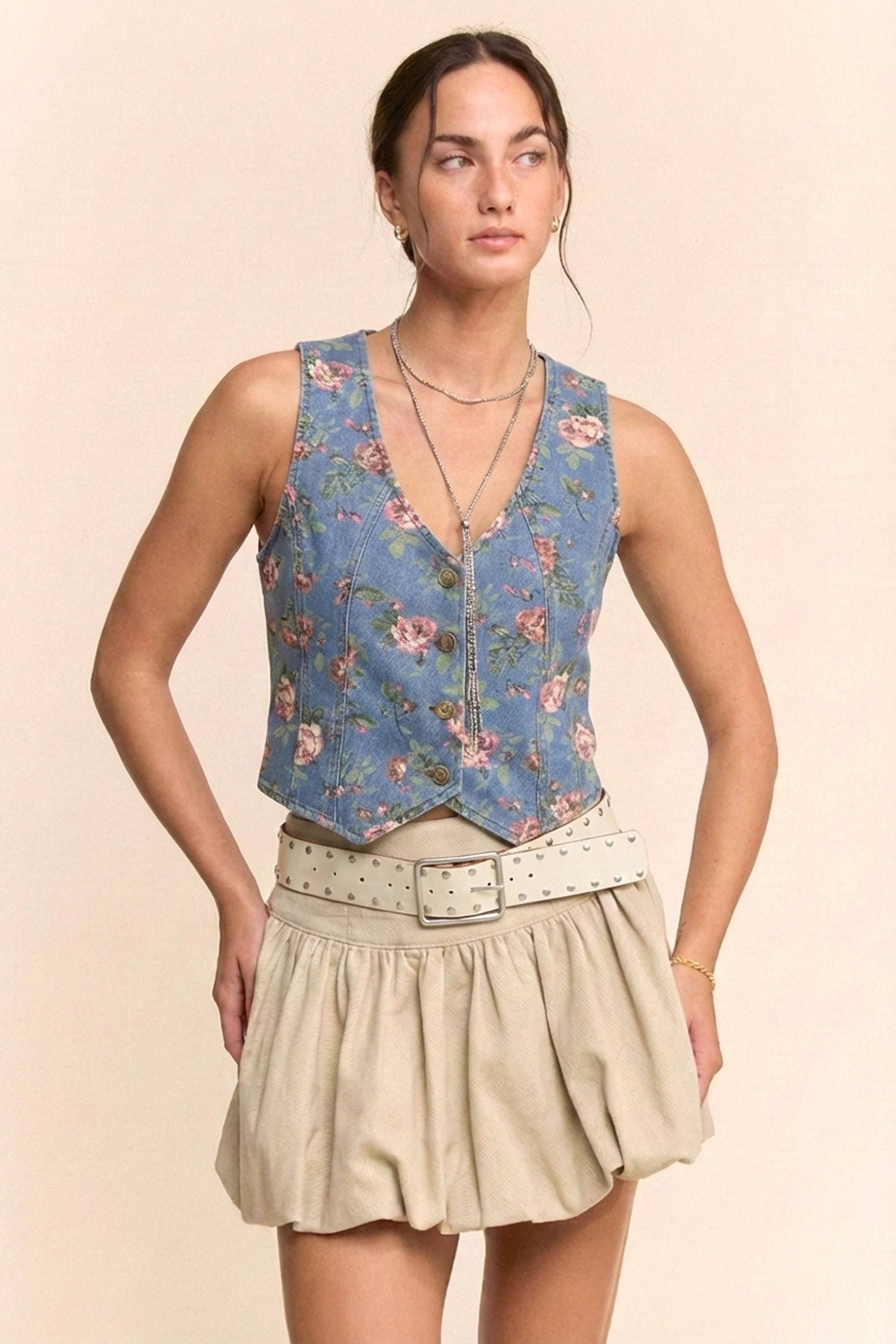 Ditsy Floral Denim Vest