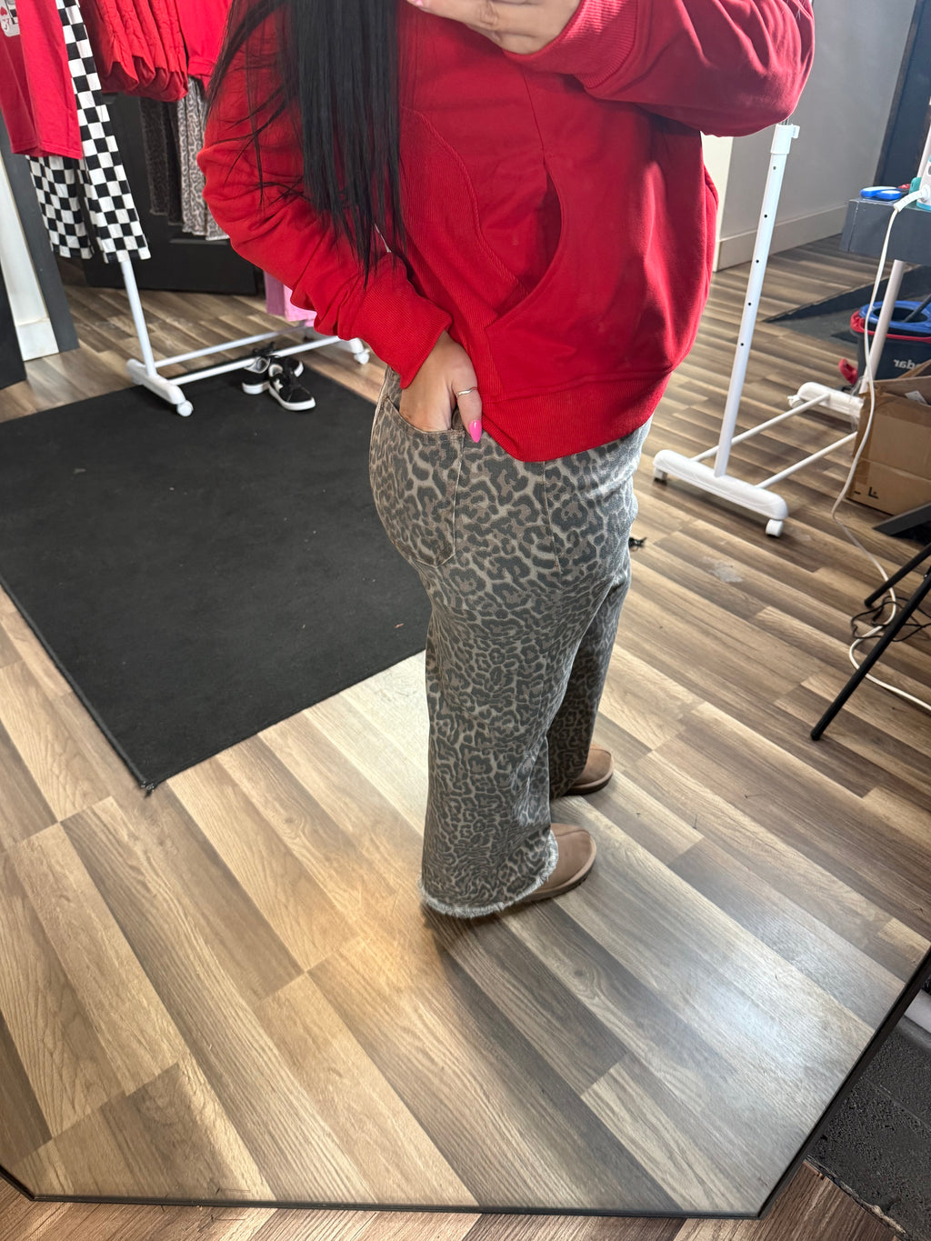 Leopard Frayed Edge Wide Leg High Waist Jeans