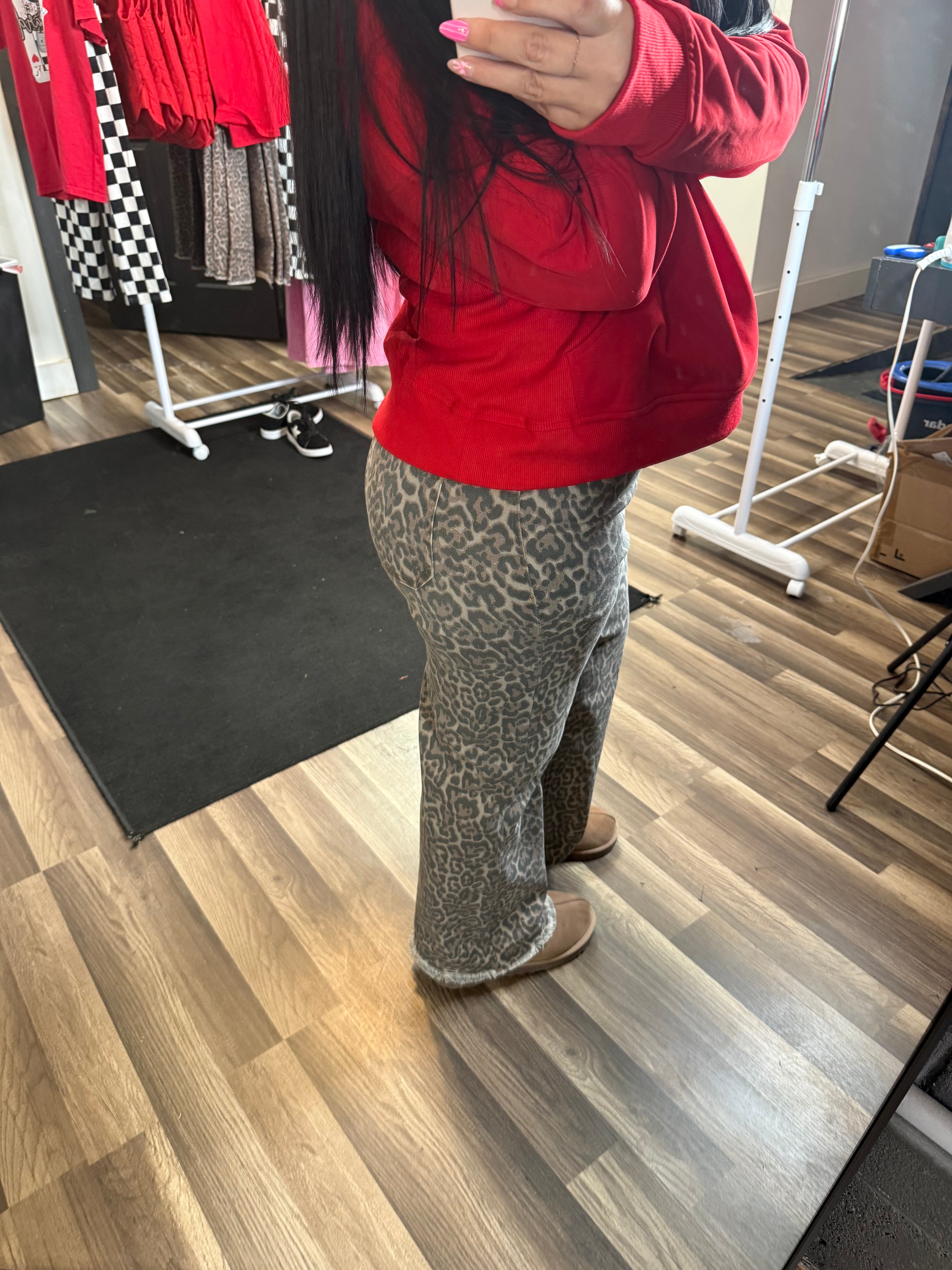 Leopard Frayed Edge Wide Leg High Waist Jeans