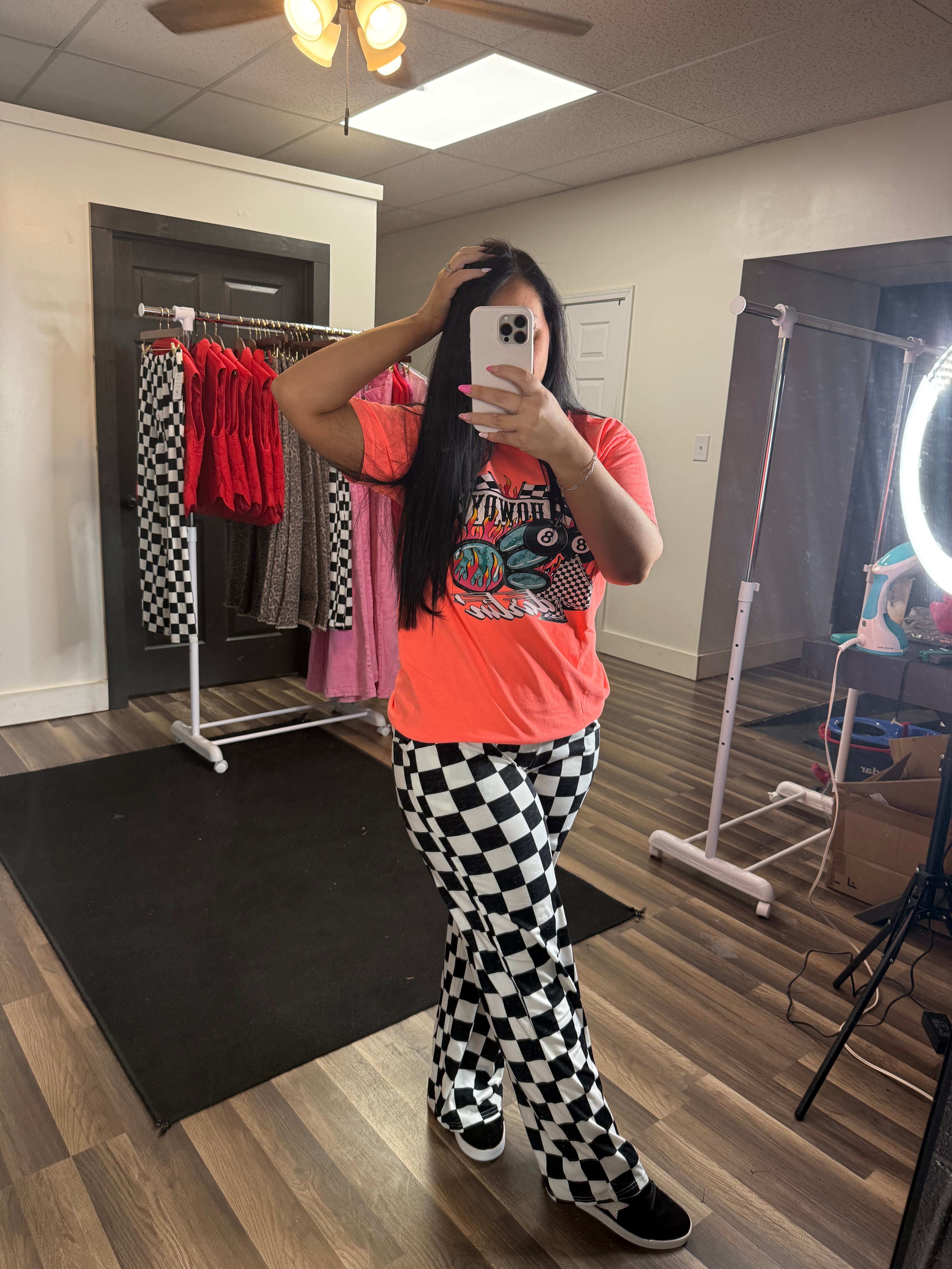 2-Tone Checked Print High Waist Wide Leg Pants