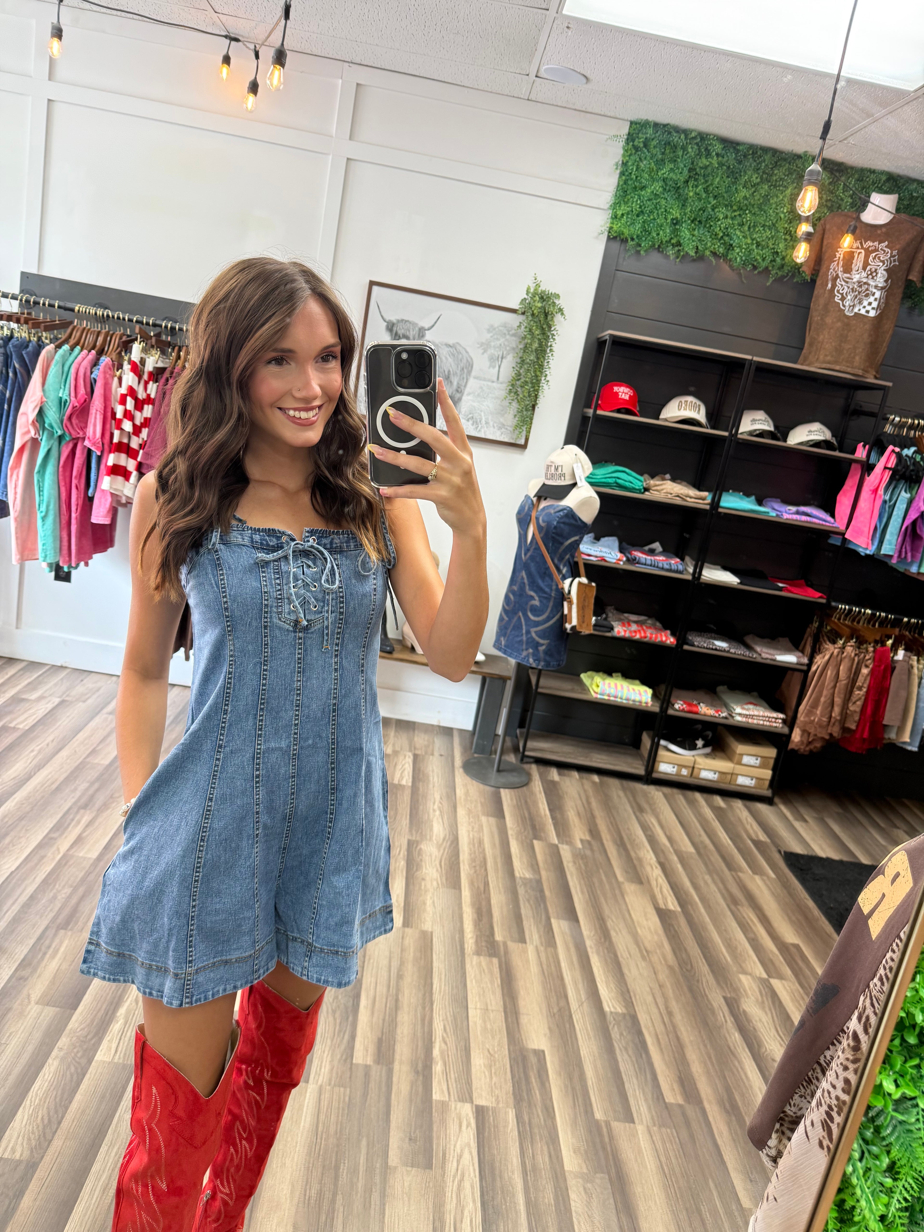 Lace-Up Denim Corset Romper with Adjustable Tie Straps