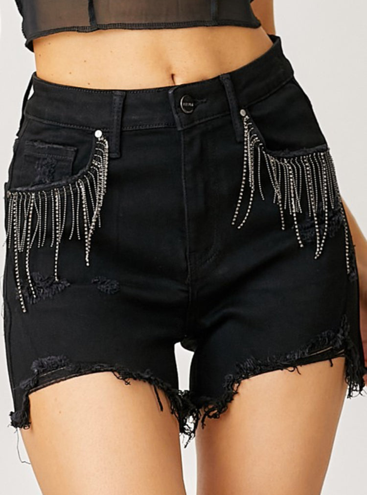 High Rise Black Rhinestone Shorts