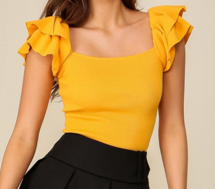 Gold Ruffle Sleeves Ribbed Blouse