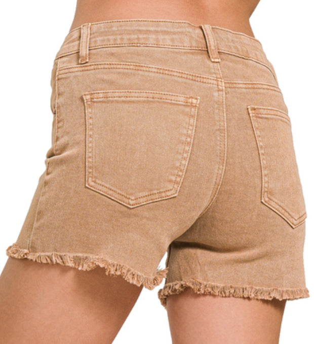 Tan Washed Frayed Cutoff Shorts