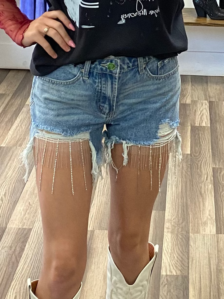 Rhinestone Frayed Hem Denim Shorts
