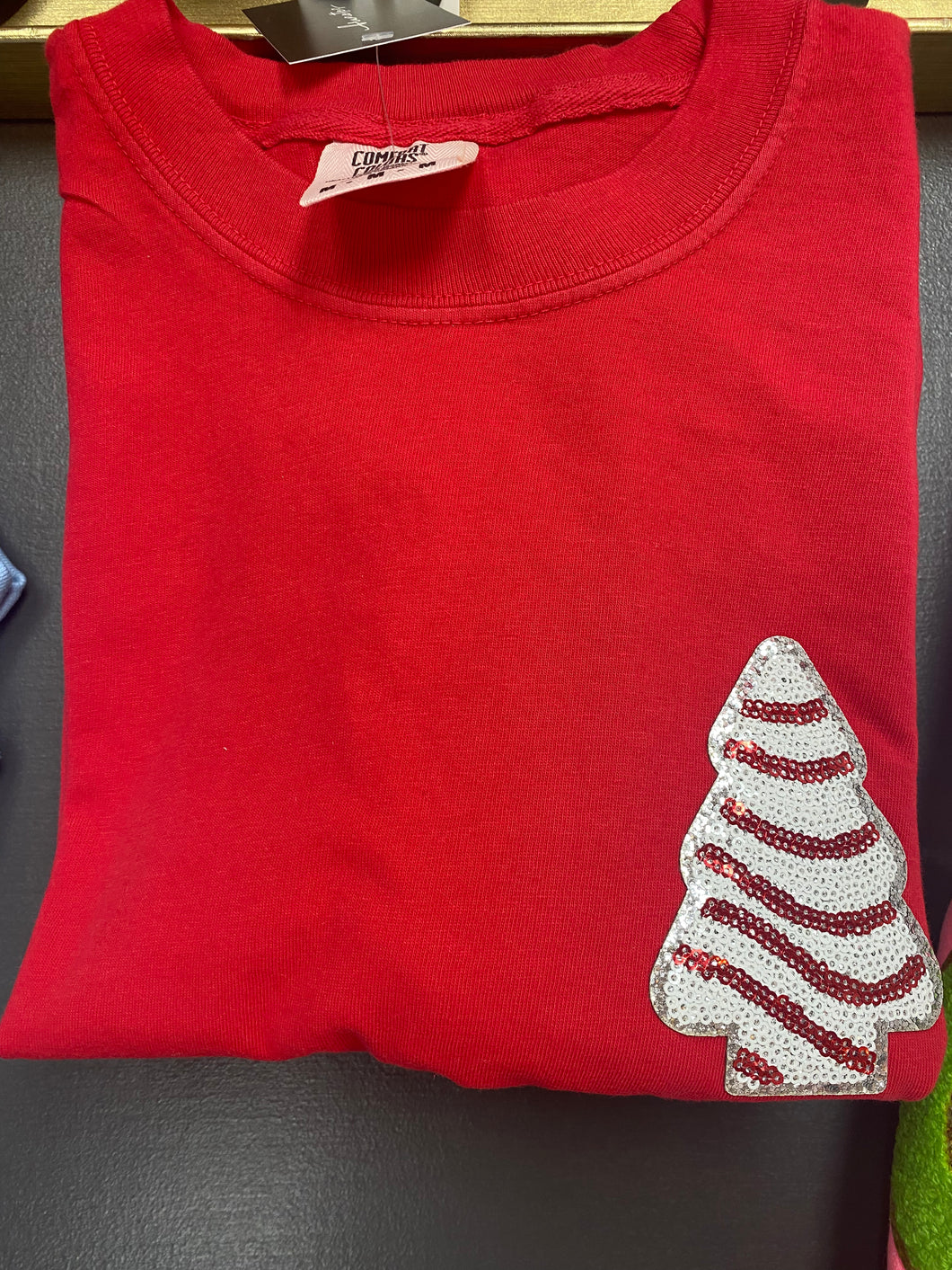 Red Pocket Chenille Tree Graphic Tee