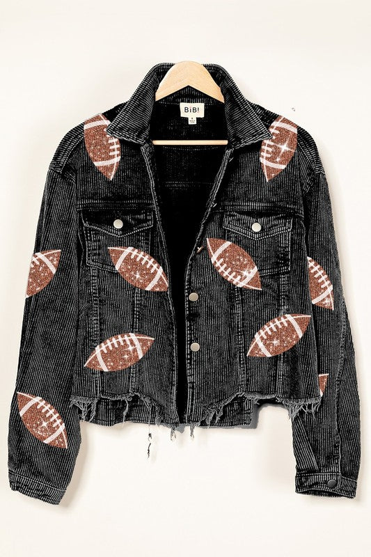 FOOTBALL SEQUIN EMBROIDERY WASHED CORDUROY JACKET