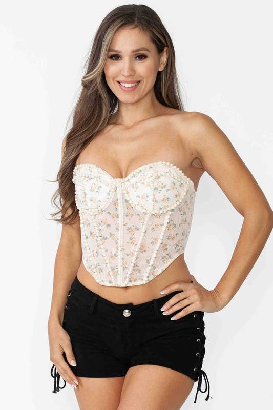 STRUCTURED BONING FLORAL LACE PEARL TRIM LACE UP BUSTIER TOP