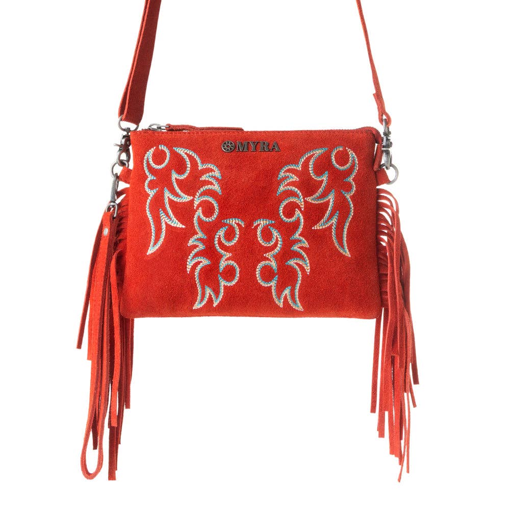 Boot Stitch Suede Bag for Women in red with embroidery and fringe detail