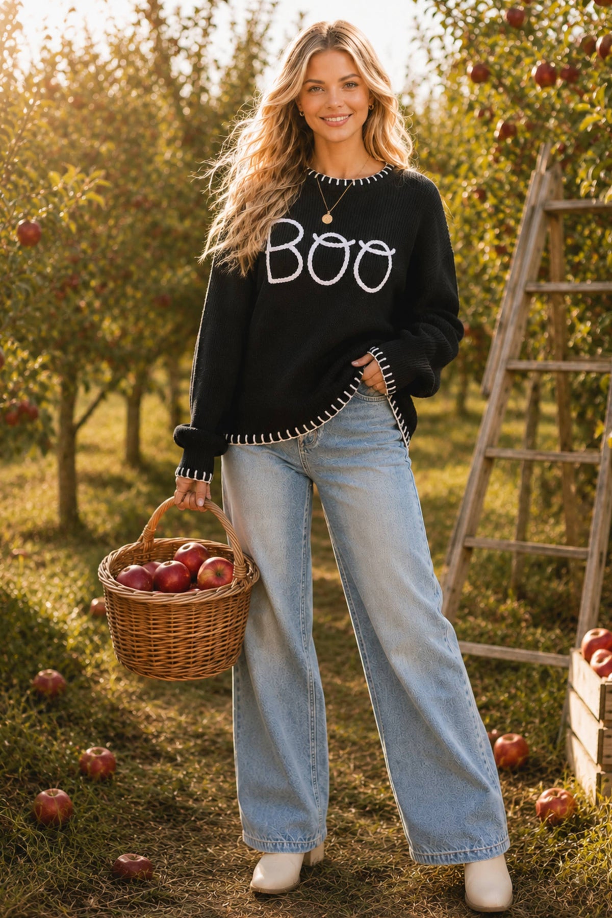 BOO Embroidered Halloween Knit Sweater – Black Pullover