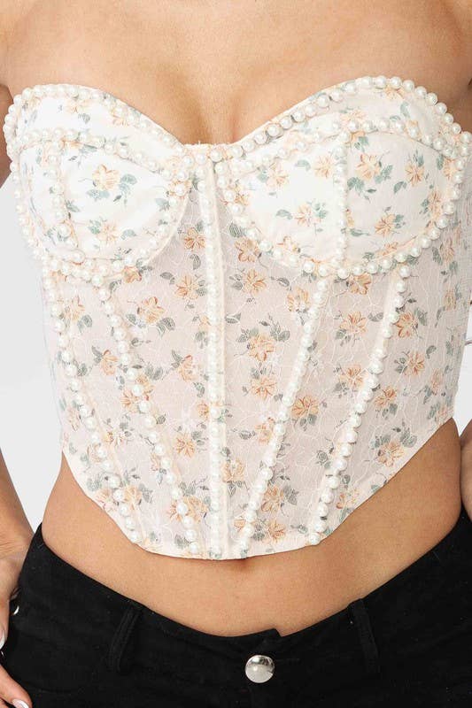 STRUCTURED BONING FLORAL LACE PEARL TRIM LACE UP BUSTIER TOP