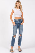KNEE DESTROYED SUPER HIGH RISE STRETCH MOM JEANS
