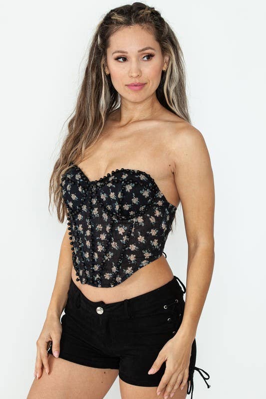 STRUCTURED BONING FLORAL LACE PEARL TRIM LACE UP BUSTIER TOP