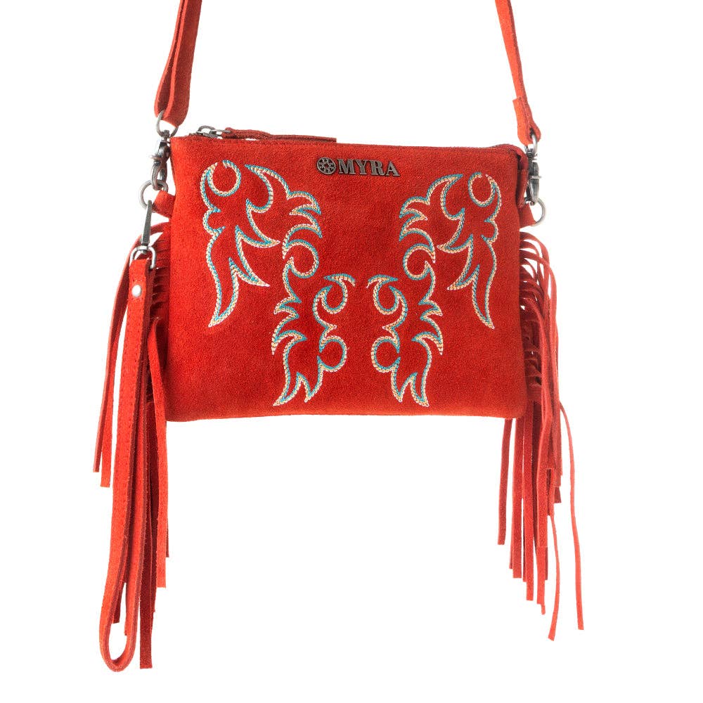 Boot Stitch Suede Bag for Women in red with embroidery and fringe detail