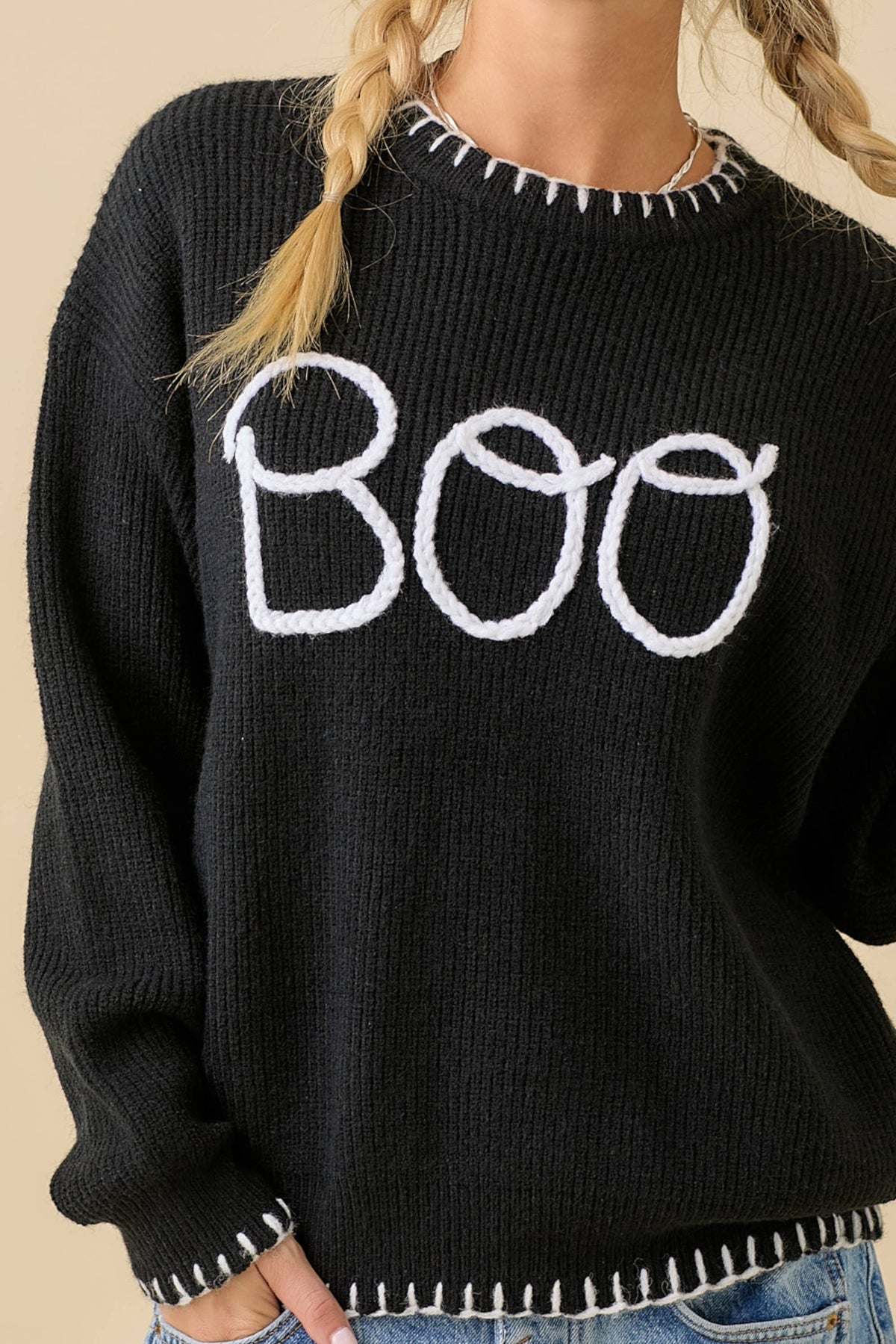 BOO Embroidered Halloween Knit Sweater – Black Pullover